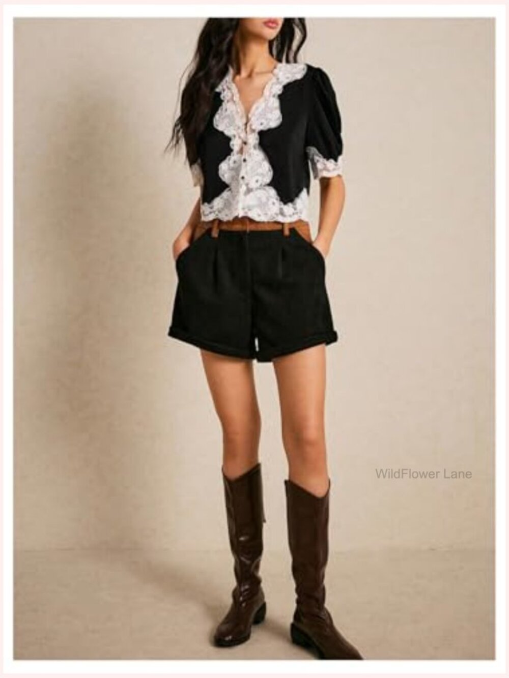 Women's Lace Crop Blouse Short Sleeve V Neck Button Down Elegant Top - Picture 5 of 5
